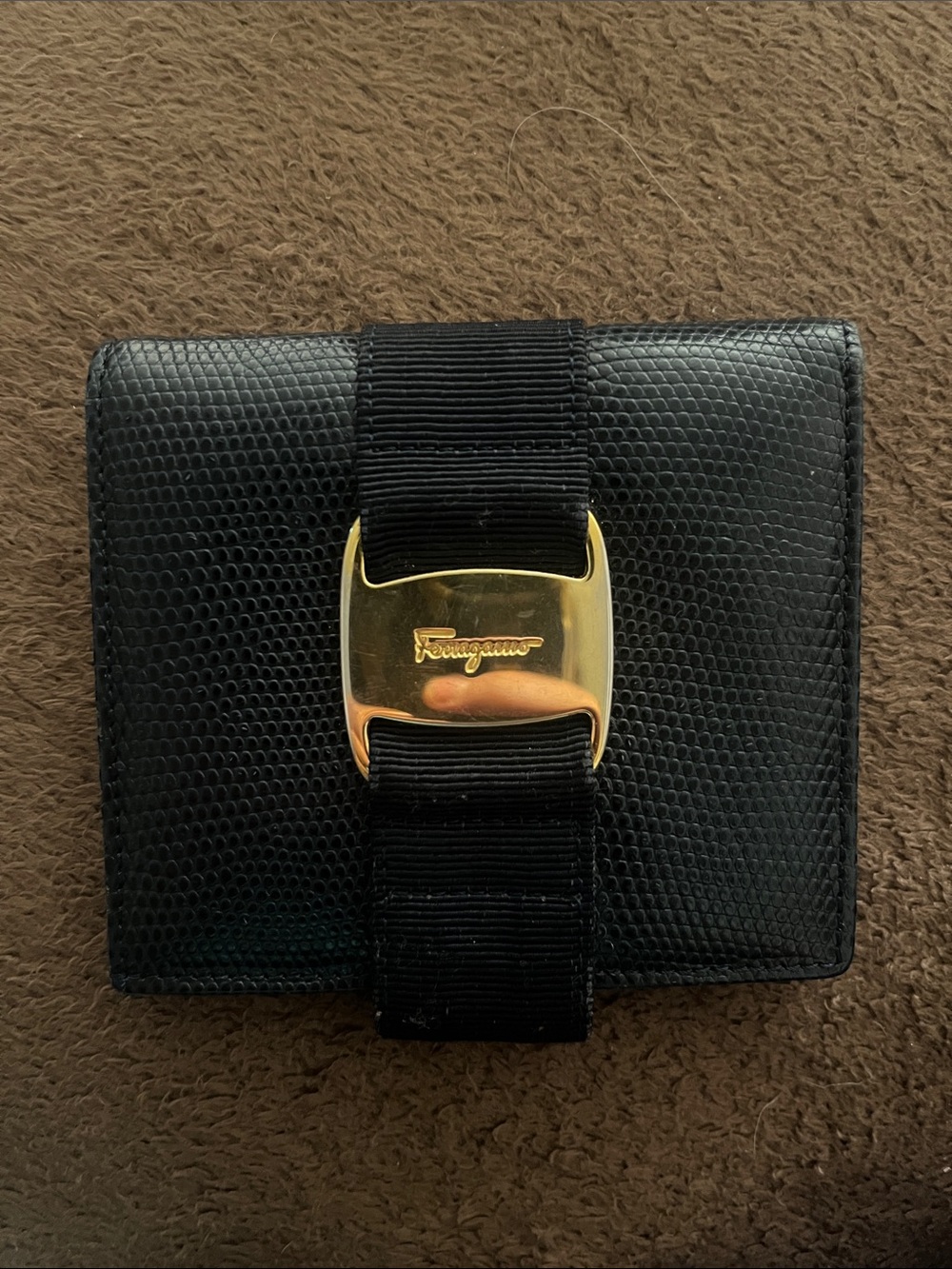 Salvatore Ferragamo Black Textured Leather Wallet with Gold Vara Buckle